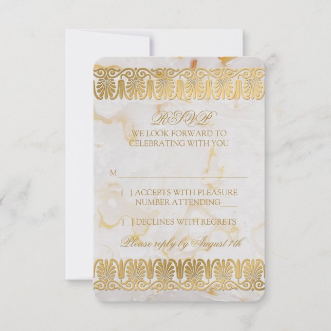 Gold Silver Marble Marbled Wedding RSVP Reply Invitation (Front)