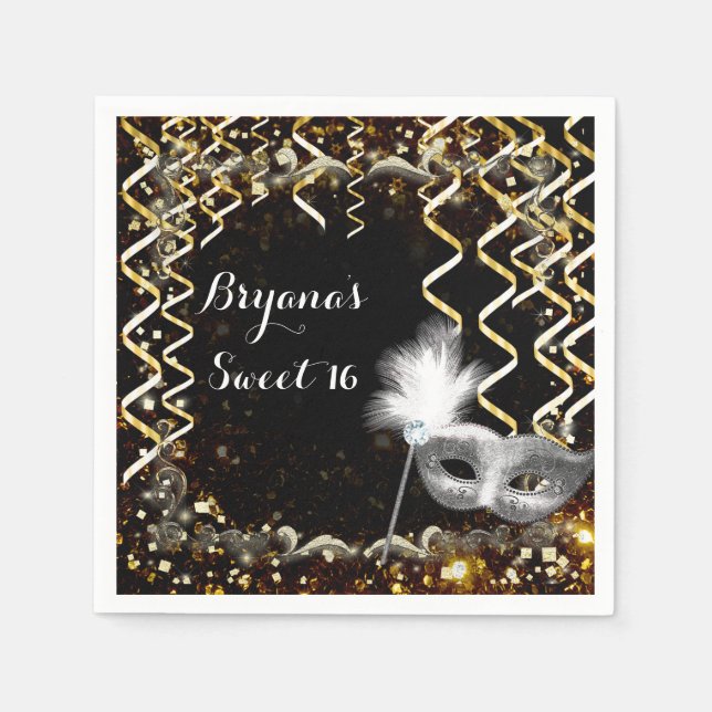 Gold & Silver Masquerade Mask Birthday Party Napkin (Front)