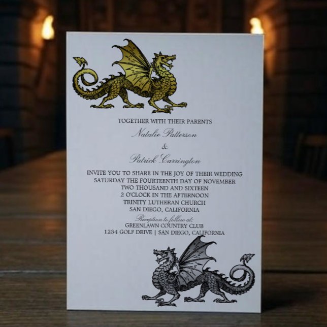 Gold Silver Mediaeval Dragon Wedding Invite (Gold Silver Medieval Dragon Wedding Invite)