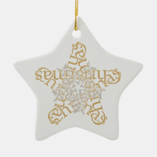 Gold, Silver Merry Christmas Star Calligraphy Art Ceramic Ornament