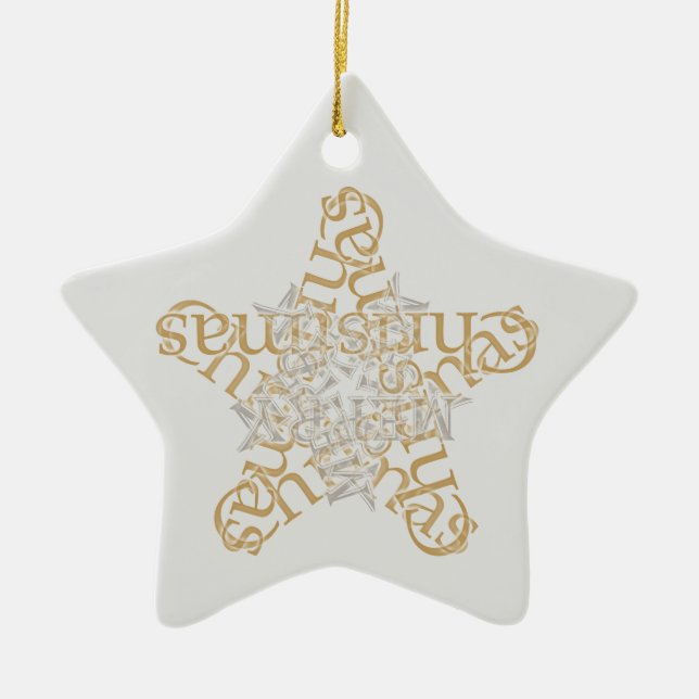 Gold, Silver Merry Christmas Star Calligraphy Art Ceramic Ornament (Front)