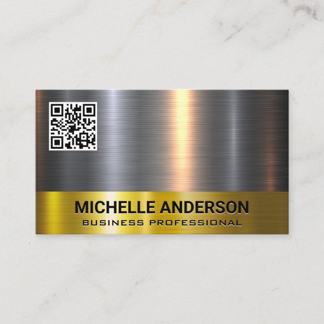 Gold Silver Metallic Shine Trim QR Code Business Card (Front)