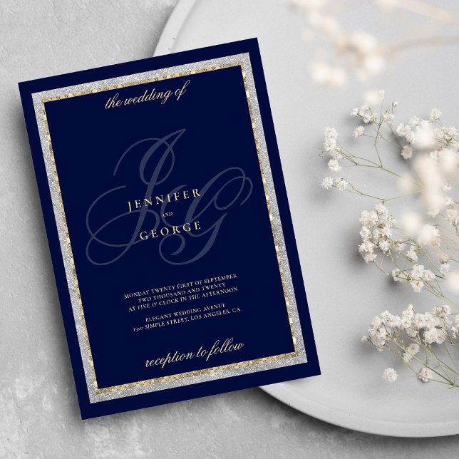 Gold silver navy blue monogram initals wedding  invitation (Gold silver navy blue monogram initials wedding)