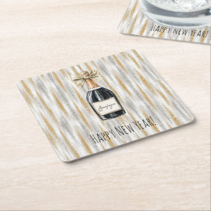 Gold Silver New Year's Eve Champagne Bottle Square Paper Coaster