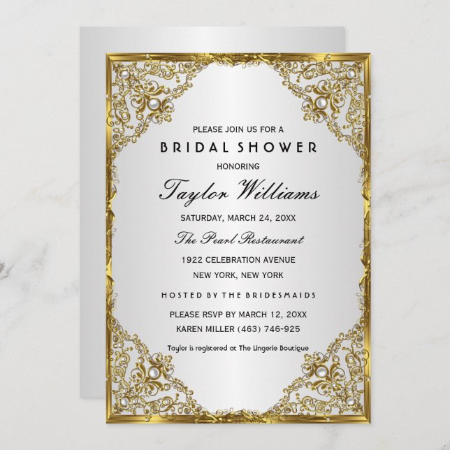 Gold Silver Pearl Vintage Glamour Bridal Shower Invitation (Front/Back)