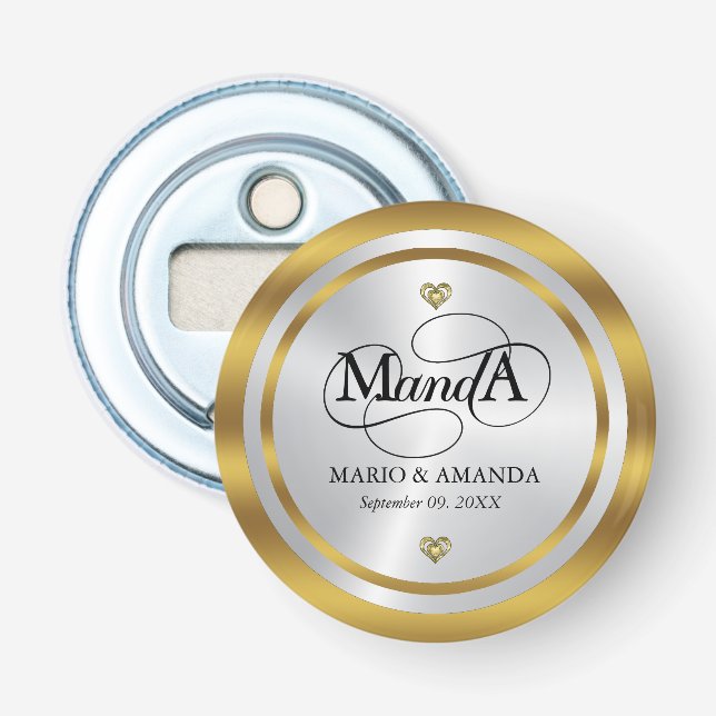 Gold Silver Personalised Wedding Monogram Bottle Opener (Front)