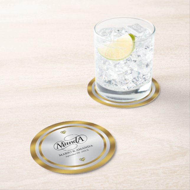 Gold Silver Personalised Wedding Monogram Round Paper Coaster (Insitu)