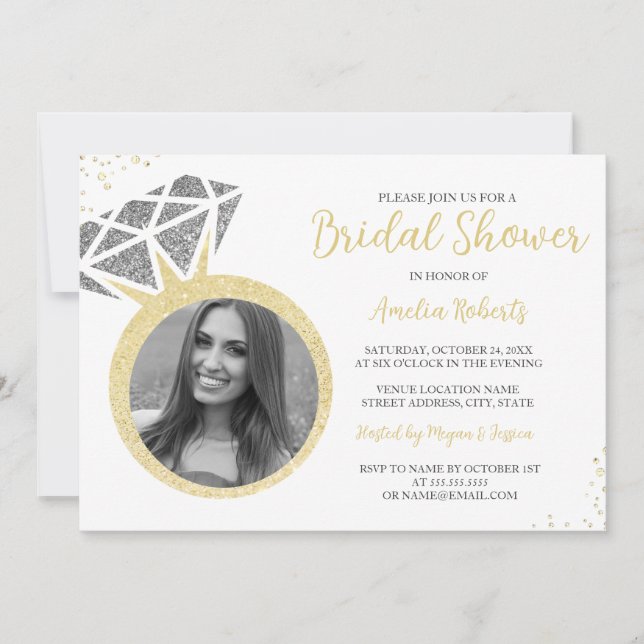 Gold Silver Photo Sparkle Ring Bridal Shower Invitation (Front)