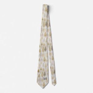 Gold Silver Pine Trees Monogram Christmas Tie