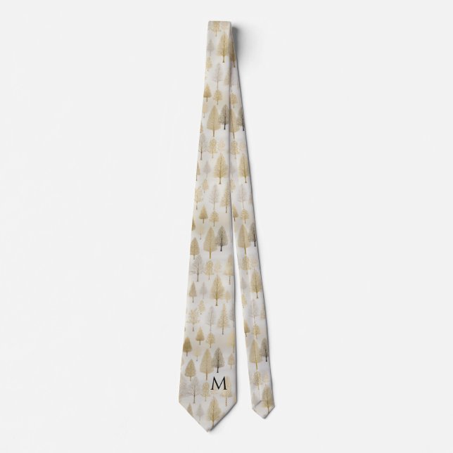Gold Silver Pine Trees Monogram Christmas Tie (Front)