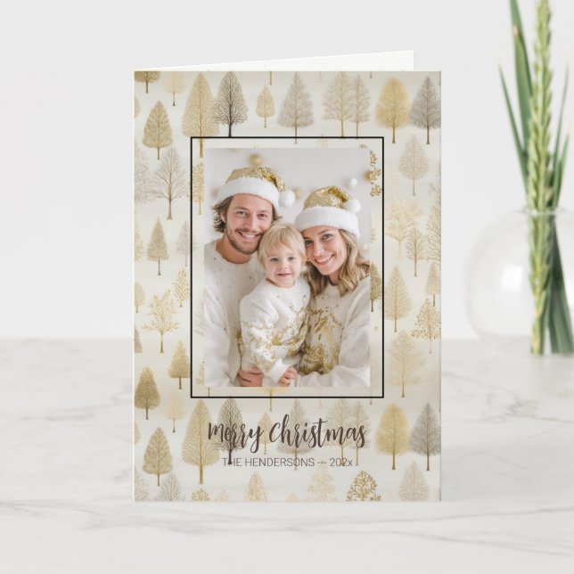 Gold Silver Pine Trees Photo Christmas Card (Front)