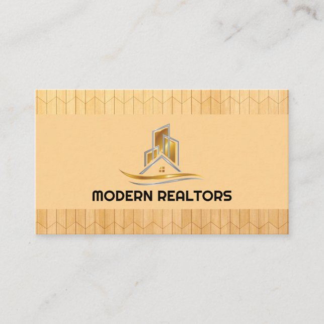 Gold Silver Real Estate Logo | Wood Panels Business Card (Front)