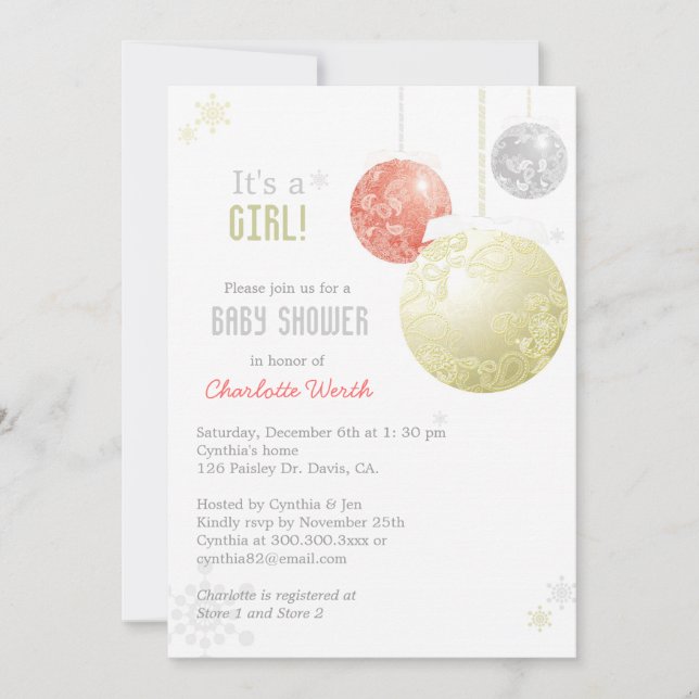 Gold Silver Red Christmas Baby Girl Shower Invitation (Front)