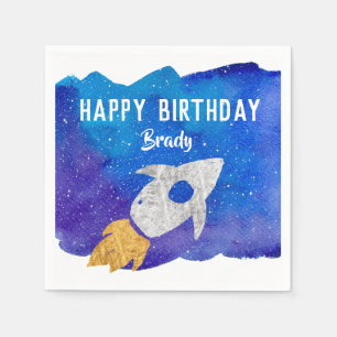 Gold Silver Rocket Ship Galaxy Birthday Party Napkin