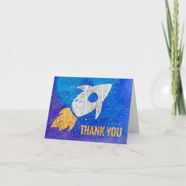 Gold Silver Rocket Ship Galaxy Thank You Card (Front)
