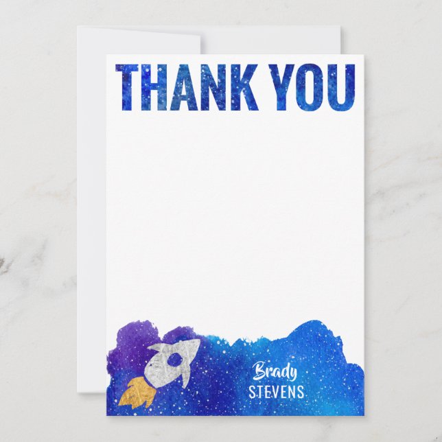 Gold Silver Rocket Ship Galaxy Thank You Card (Front)