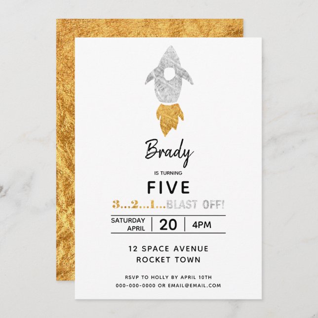 Gold Silver Rocket Ship Outer Space Birthday Party Invitation (Front/Back)
