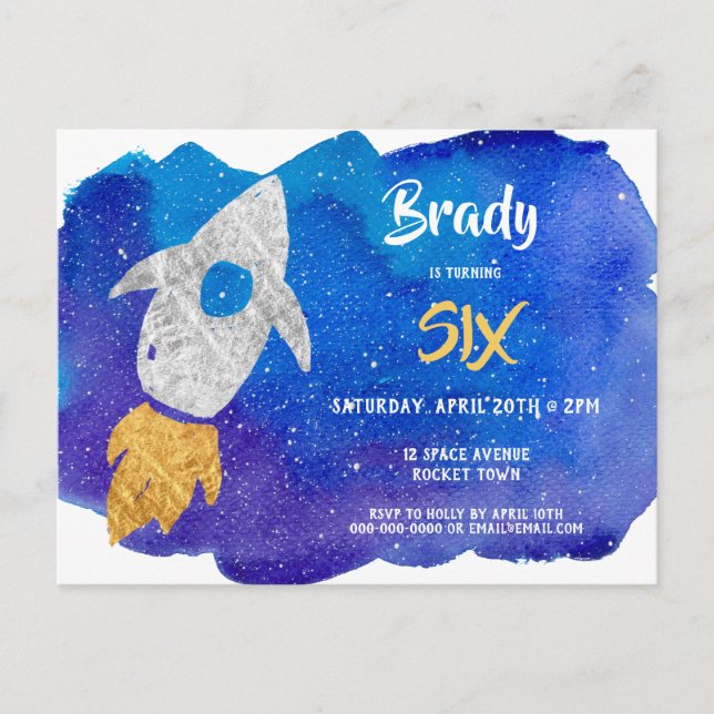 Gold Silver Rocket Ship Outer Space Birthday Party Invitation Postcard (Front)