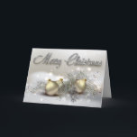 Gold & Silver Shimmer Christmas Ornaments Holiday Card<br><div class="desc">Gorgeous golden Christmas tree ornaments on a metallic silver background with gold streamers and ribbons and snowy white pine branches surrounding them.  Twinkle lights highlight the words Merry Christmas in a diamond cut font with gold outline.</div>
