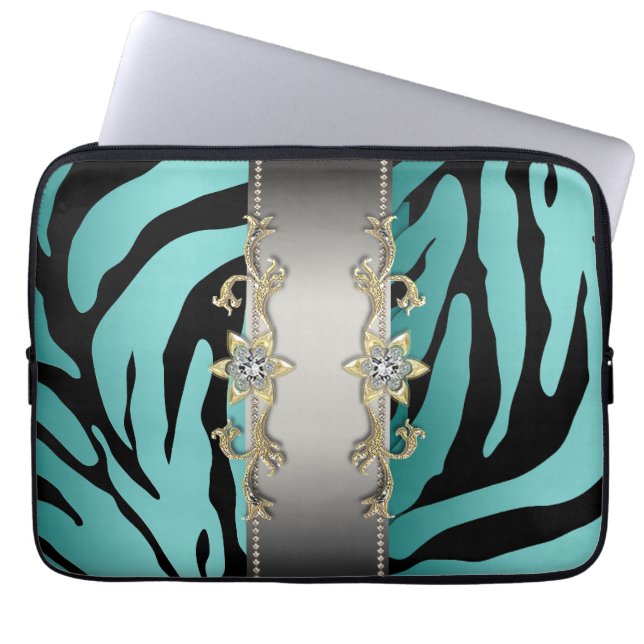 Gold Silver Teal Blue Zebra Laptop Sleeve (Front)