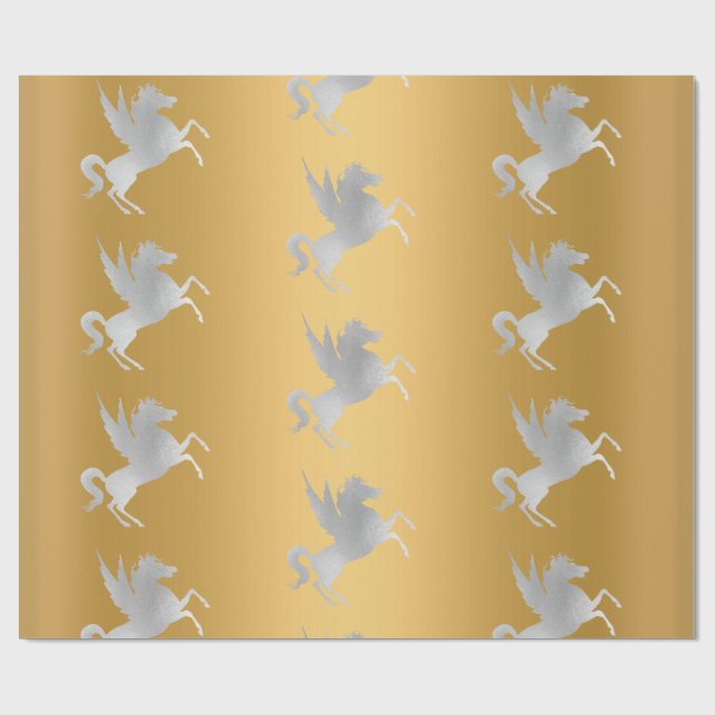 GOLD SILVER UNICORN BIRTHDAY WEDDING WRAP WRAPPING PAPER (Flat)