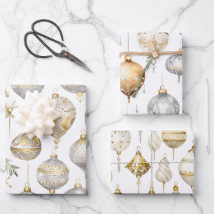 Gold Silver Vintage Christmas Ornaments Wrapping Paper Sheet