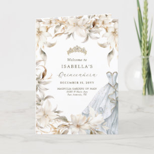 Gold Silver White Floral Folded Quinceañera Program