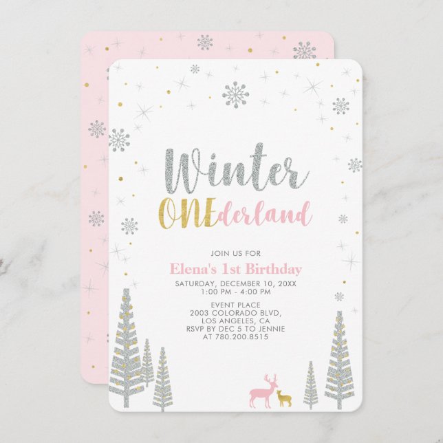 Gold & Silver Winter onederland 1st birthday party Invitation (Front/Back)