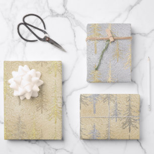 Gold Silver Woodland Scraggly Spruce Pine Trees Wrapping Paper Sheet