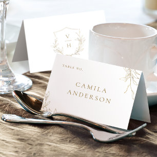 Gold simple botanical crest monogram place card
