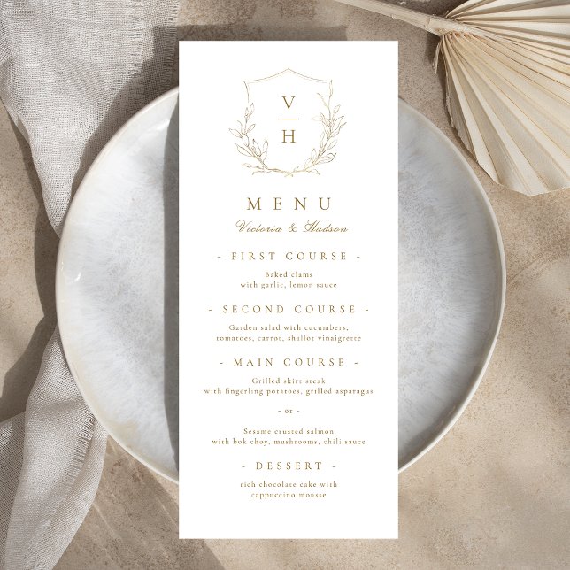 Gold simple botanical crest monogram wedding menu (Gold simple botanical crest monogram wedding menu)