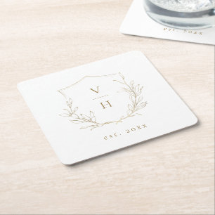 Gold simple botanical crest monogram wedding square paper coaster