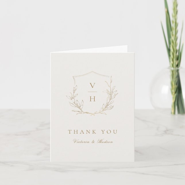 Gold simple botanical crest monogram wedding thank thank you card (Front)