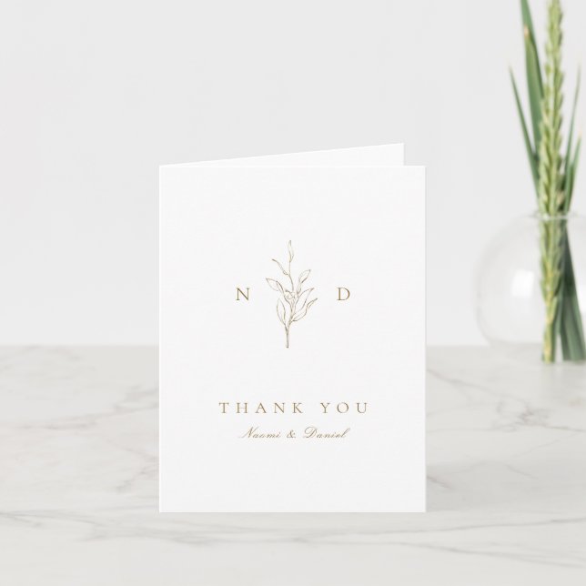 Gold simple botanical leaves monogram wedding thank you card (Front)