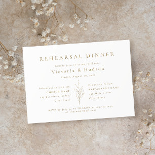Gold simple botanical leaves rehearsal dinner invitation
