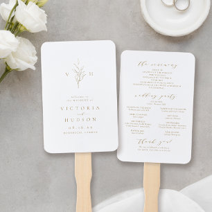 Gold simple botanical monogram wedding program hand fan