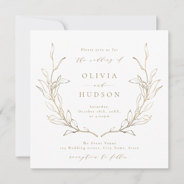 Gold simple botanical wreath rustic wedding invitation (Front)