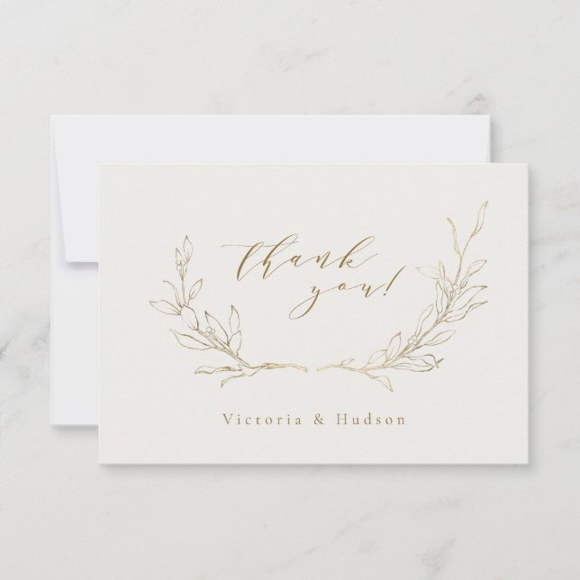 Gold simple botanical wreath wedding thank you car (Front)