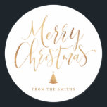 Gold Simple Calligraphy Merry Christmas Classic Round Sticker<br><div class="desc">Personalised Christmas gift stickers feature big faux gold foil handwritten calligraphy and Christmas tree,   simple,  modern and elegant.</div>