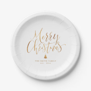 Gold Simple Calligraphy Merry Christmas Paper Plate