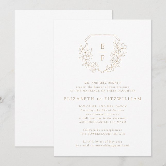 Gold Simple Cherry Blossom Crest Monogram Wedding Invitation (Front/Back)