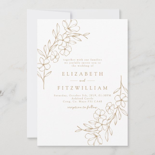 Gold Simple Cherry Blossom Hand Drawn Wreath  Invitation (Front)