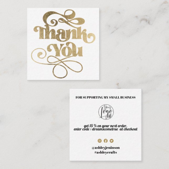 Gold simple cool retro script order thank you square business card (Front/Back)