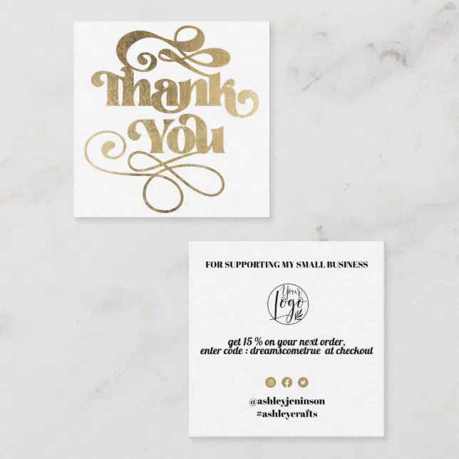 Gold simple cool retro script order thank you square business card | Zazzle