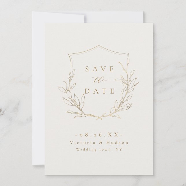 Gold simple elegance botanical crest wedding save  the date (Front)