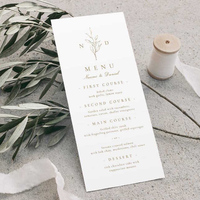 Gold simple elegant botanical monogram wedding menu (Gold simple elegant botanical monogram wedding menu)