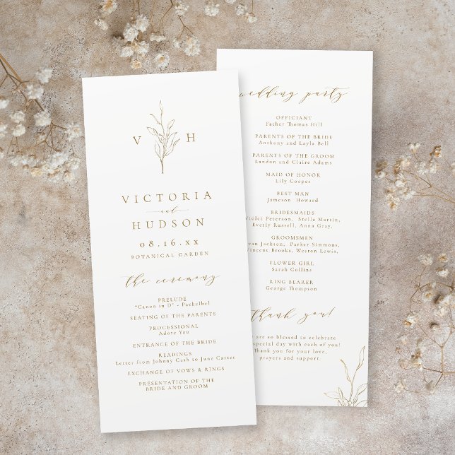 Gold simple elegant botanical monogram wedding program (Gold simple elegant botanical monogram wedding program)