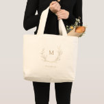 Gold simple elegant botanical wreath Bridesmaid Large Tote Bag<br><div class="desc">Monogrammed initial framed by elegant hand illustrated botanical leaves wreath in faux gold colour,  with personalised name,  Simple and elegant, 
Great monogrammed gift for bridesmaid. 
See all the matching pieces in collection</div>