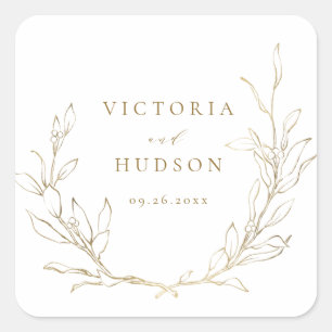 Gold simple elegant botanical wreath wedding square sticker