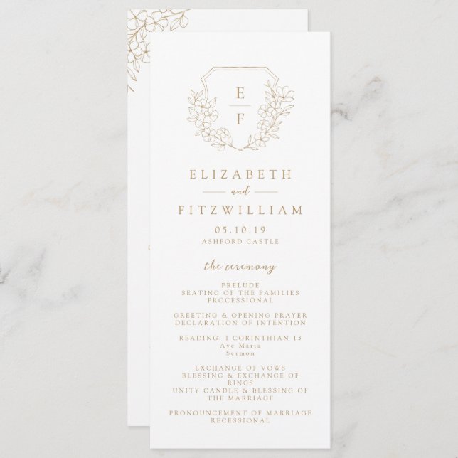 Gold Simple Elegant Cherry Blossom Monogram Crest  Program (Front/Back)